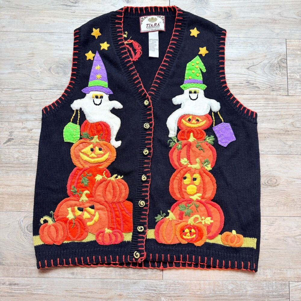 Vintage Halloween Sweater Vest Tiara International Ghost Pumpkin Witch Black L